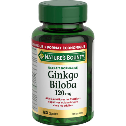 NATURE'S BOUNTY Gingko Biloba, 120 mg, Value Size, Helps to Enhance Cognitive Function, 180 Capsules, 78.5 g - Available at All In One Marketplace Canada