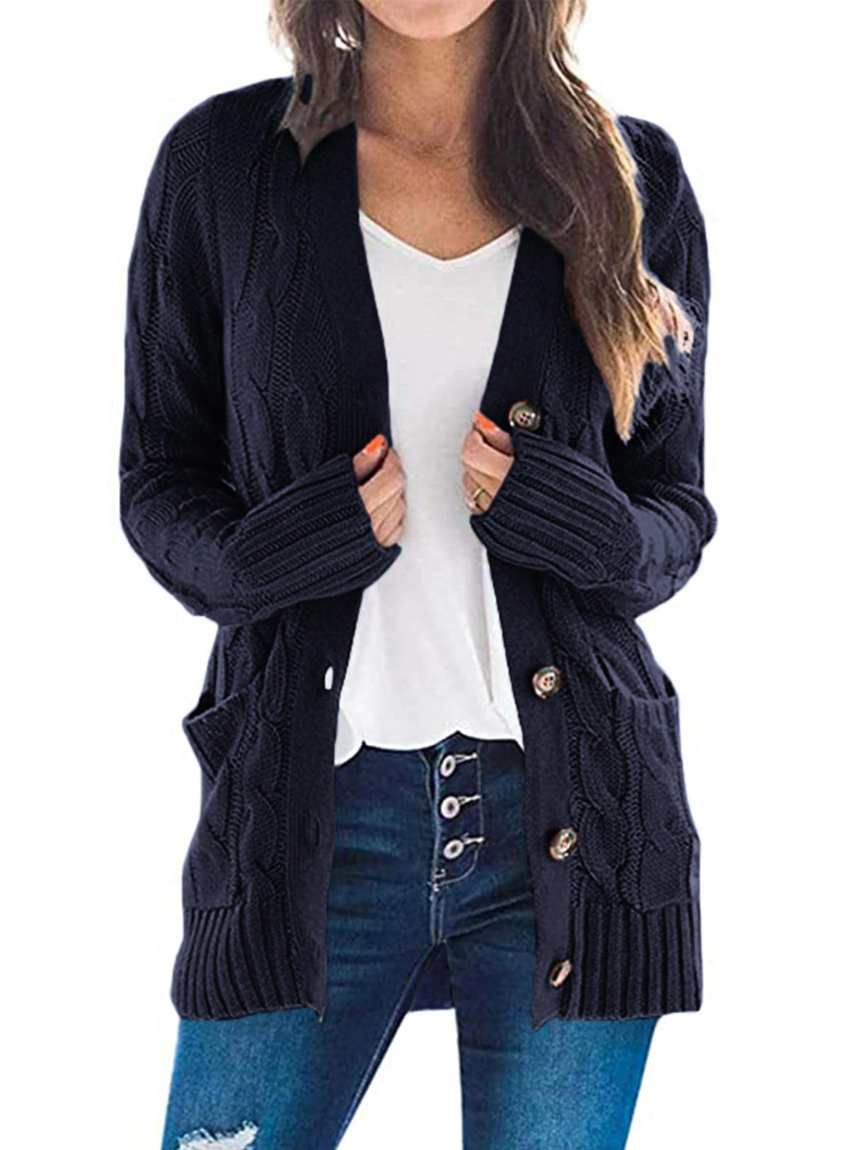 PRETTYGARDEN Women's Cable Knit Cardigan Sweaters Fall(Navy,L) 🍁 All In One Marketplace Canada