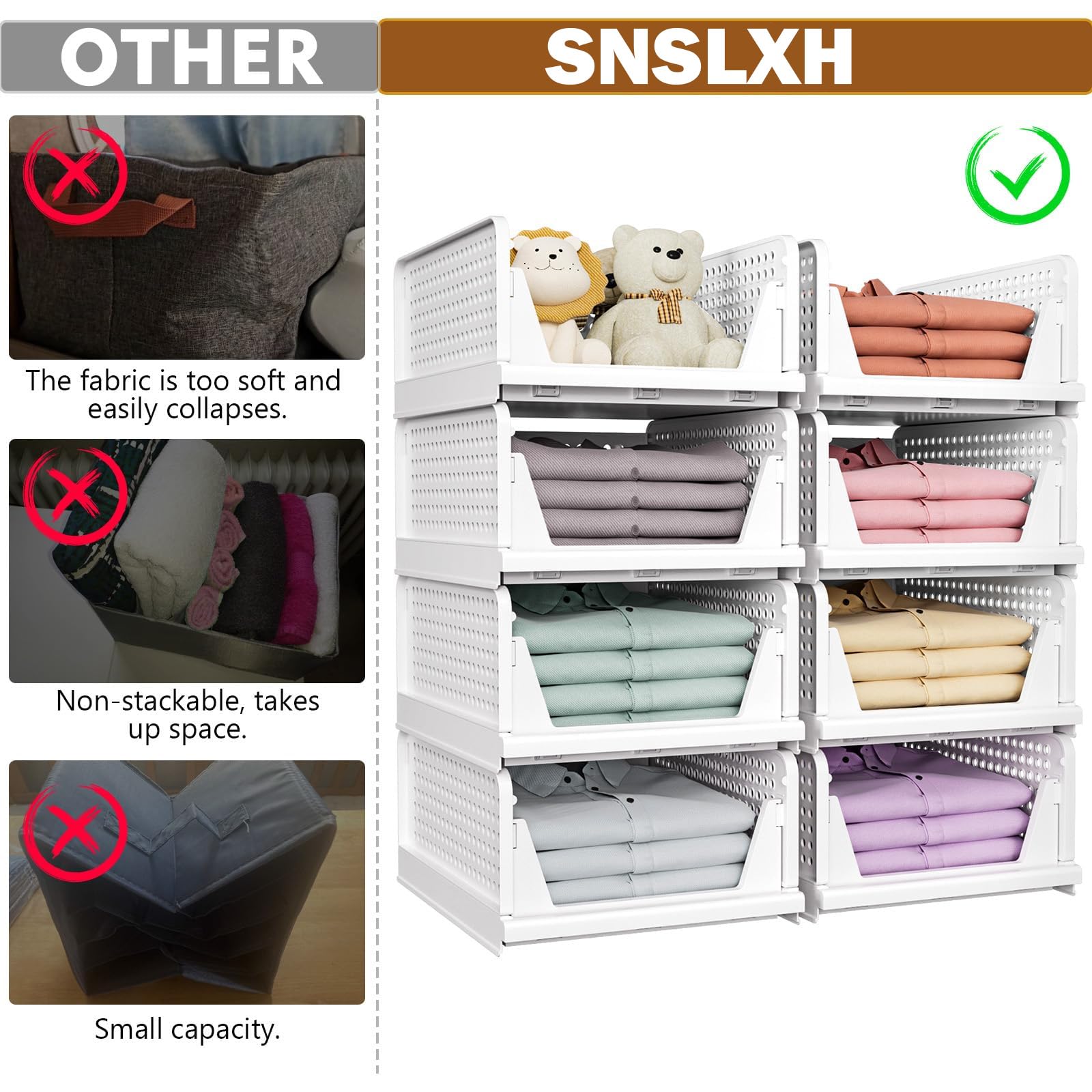 SNSLXH 5 Pack White Stackable Closet Organizer Box, Multifunctional & Foldable Storage Basket for Bathroom, Kitchen, Laundry Room, Wardrobe, Space-Saving Clothes Storage Drawer Organizer