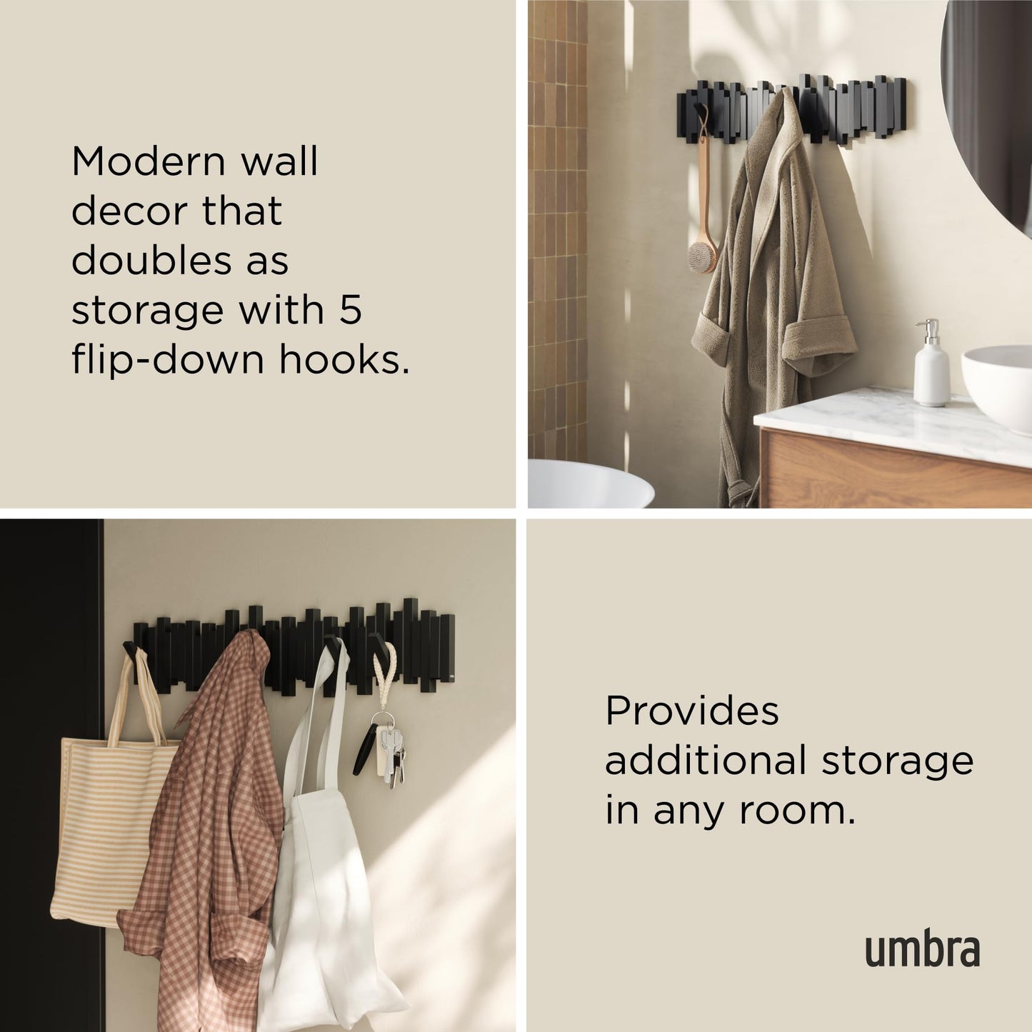 Umbra Sticks Wall-Mounted Coat Rack Rail Hook with 8 Retractable Pegs – Modern, Space-Saving Storage Organizer, Black Umbra