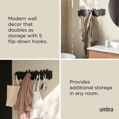 Umbra Sticks Wall-Mounted Coat Rack Rail Hook with 8 Retractable Pegs – Modern, Space-Saving Storage Organizer, Black Umbra