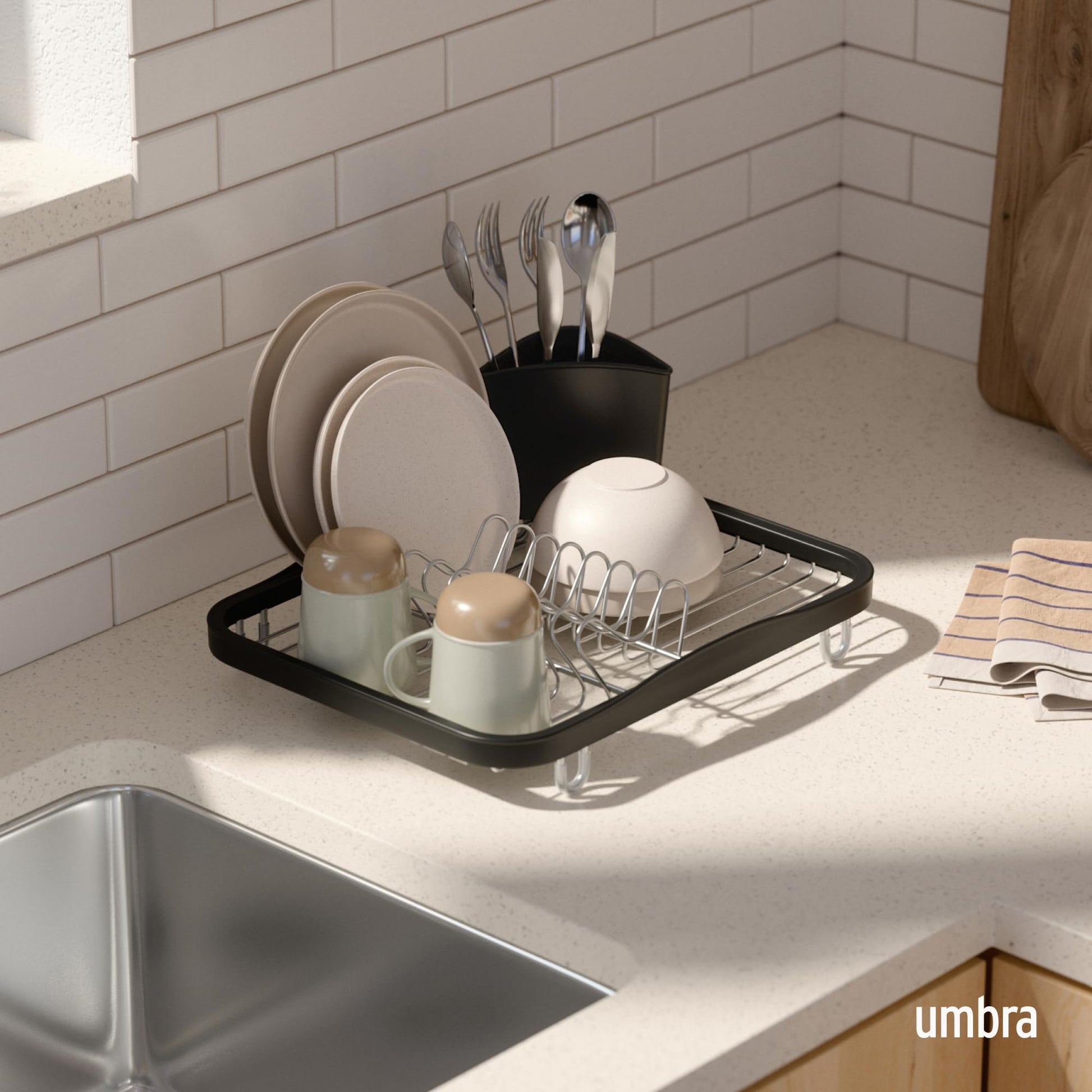 Umbra Sinkin Dish Drying Rack – Drainer Caddy with Removable Cutlery Holder – Use in Sink or On Counter, Standard, Black/Nickel Umbra