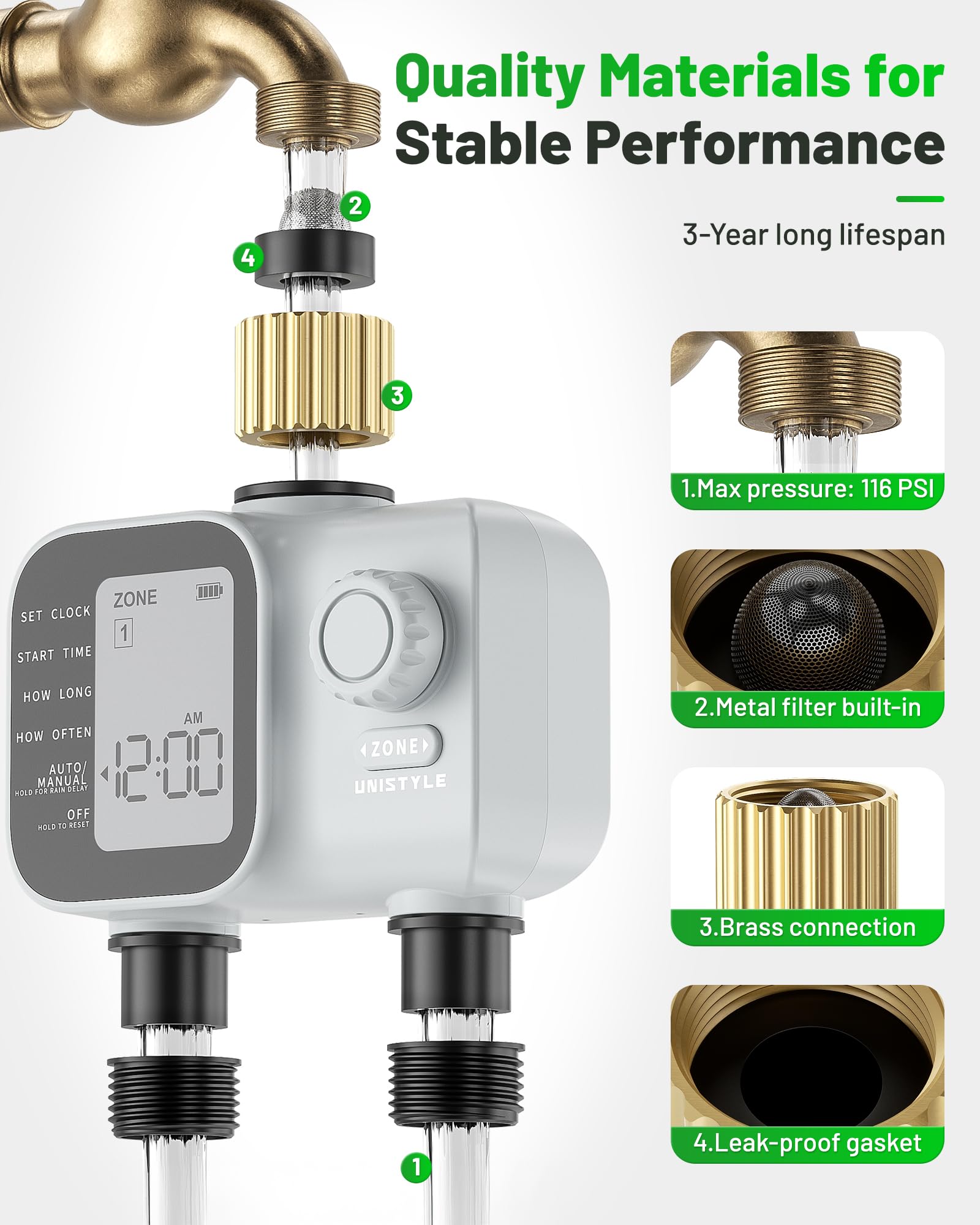 2027 New Upgrade Sprinkler Timer 2 Zone with Brass Inlet, Unistyle Water Timer for Garden Hose with Rain Delay and Manual Water/Automatic Irrigation, Hose Timers for Yard and Lawn Patio - Available at All In One Marketplace Canada