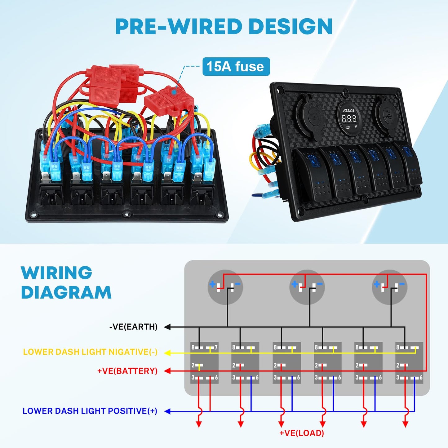Kohree 6 Gang 12V Switch Panel with Dual QC3.0 USB Slot Socket Kohree
