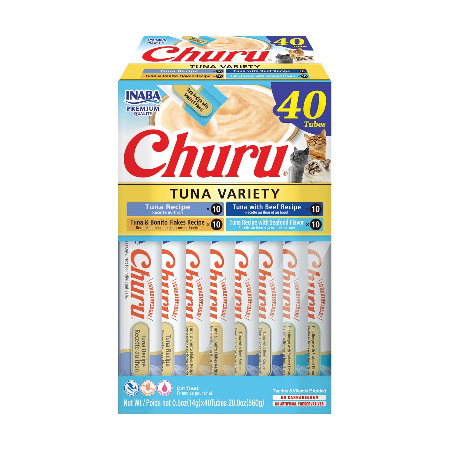 Friandises pour chats INABA Churu, friandises crémeuses et léchables en purée, à presser, avec extrait de thé vert et taurine, 14 grammes par tube, 40 tubes, boîte de variétés au thon