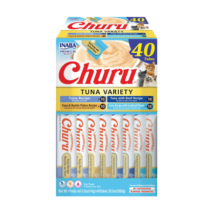 Friandises pour chats INABA Churu, friandises crémeuses et léchables en purée, à presser, avec extrait de thé vert et taurine, 14 grammes par tube, 40 tubes, boîte de variétés au thon