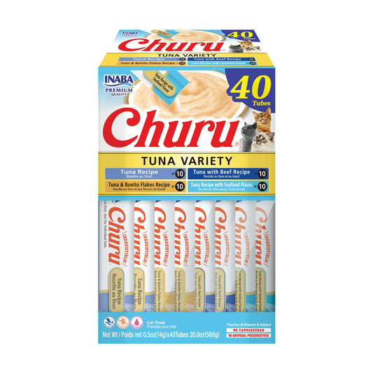 Friandises pour chats Churu INABA, purée crémeuse à lécher ou à presser, avec extrait de thé vert et taurine, 14 grammes par tube, 40 tubes, boîte variée au thon 🍁 All In One Marketplace Canada