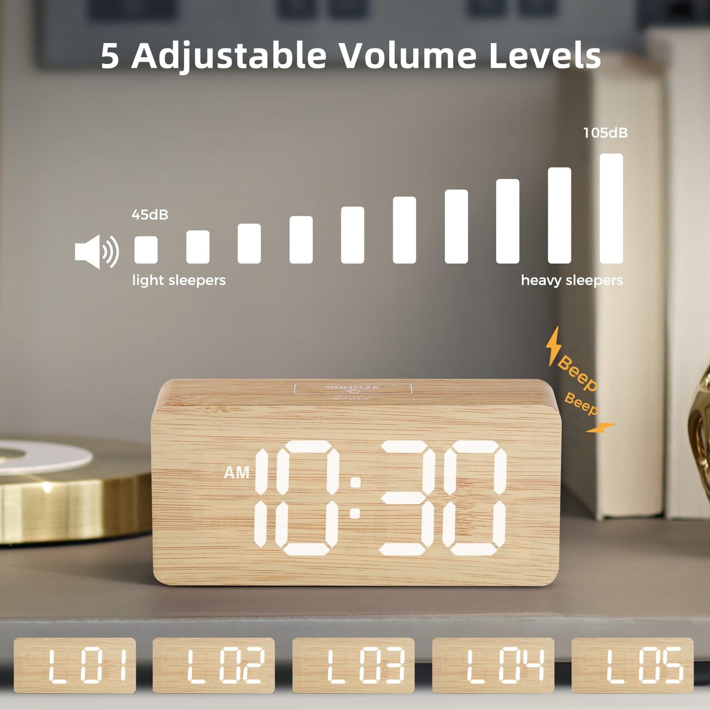 Wooden Digital Alarm Clocks for Bedrooms: Dimmable Dual Alarm Clock with Large Numbers for Bedside Desk - Bamboo