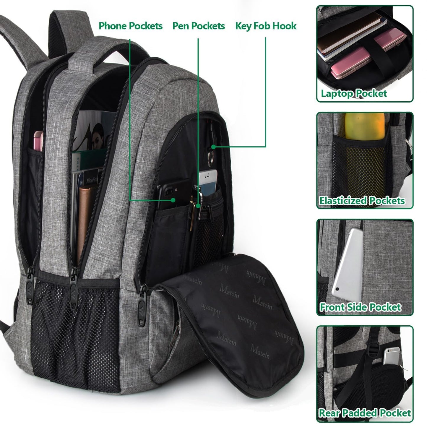 MATEIN Travel Laptop Backpack, Business Anti Theft Slim Sturdy Laptops Backpack, Water Resistant College School Computer Bag Gift for Men & Women Fits 15.6 Inch Notebook, Grey