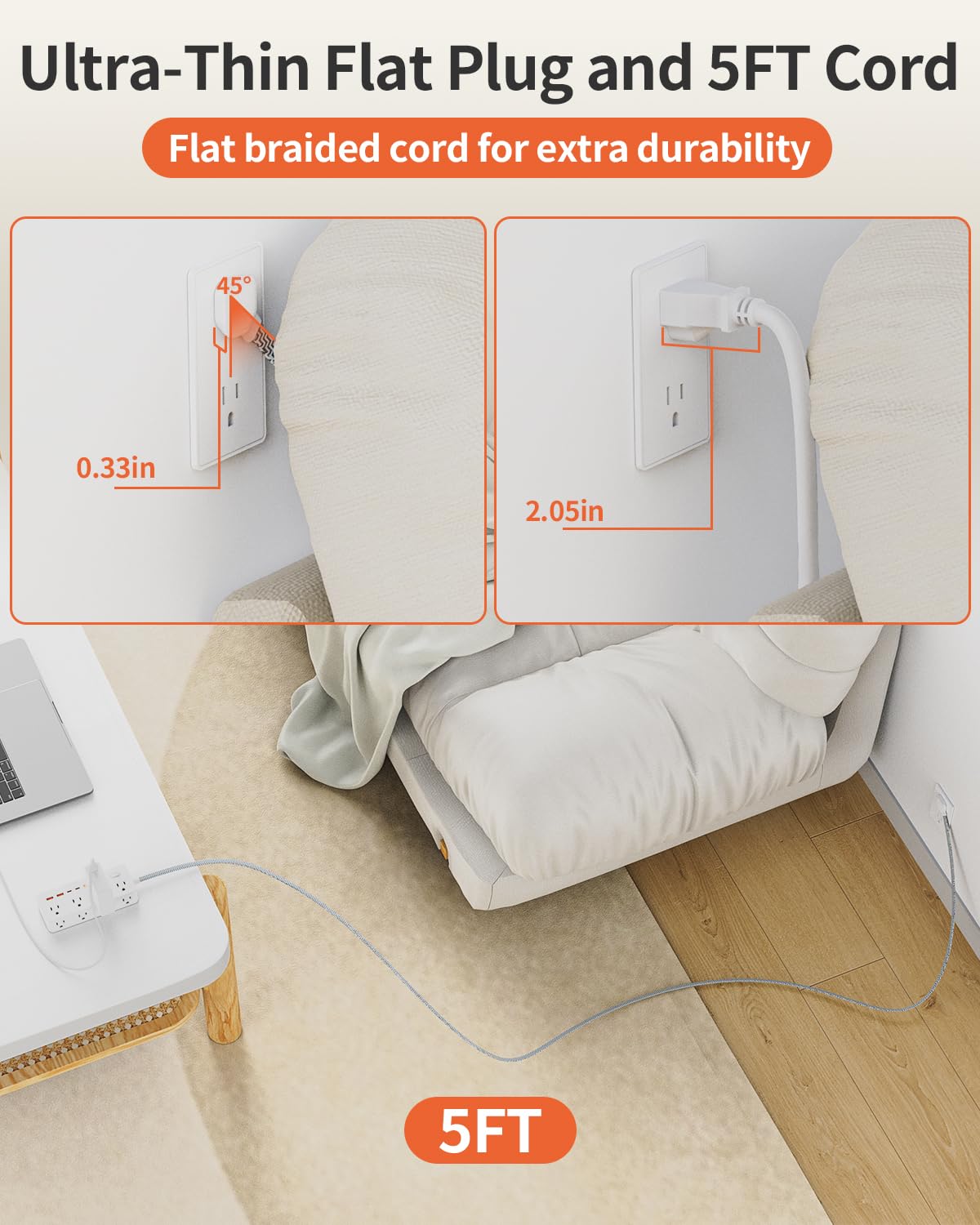 DEPOW Power Bar Surge Protector with 5FT Braided Flat Extension Cord, Wall Mount Charging Station with 8 Outlets 4 USB Ports(2 USB C), Ultra Thin Flat Plug for Home Office, Dorm, Hotel, Travel - Available at All In One Marketplace Canada