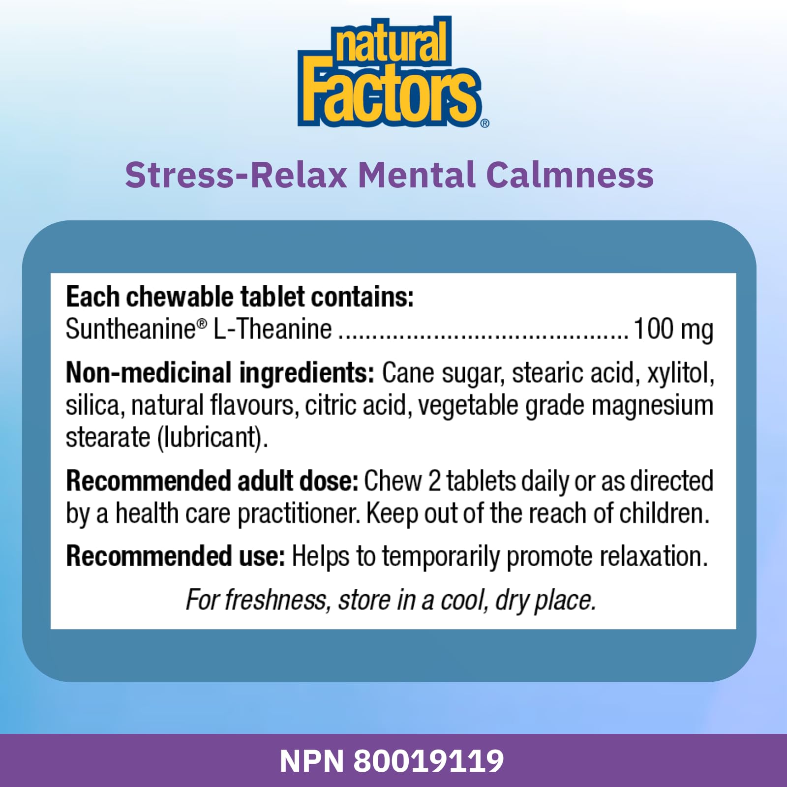 Natural Factors Stress Relax Mental Calmness, 120 Chewable Tablets, Tropical Fruit Flavour, Suntheanine L Theanine 100 mg, Promotes Deep Relaxation, Stress Relief, Proudly Canadian - Available at All In One Marketplace Canada