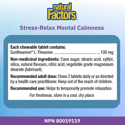 Natural Factors Stress Relax Mental Calmness, 120 Chewable Tablets, Tropical Fruit Flavour, Suntheanine L Theanine 100 mg, Promotes Deep Relaxation, Stress Relief, Proudly Canadian - Available at All In One Marketplace Canada
