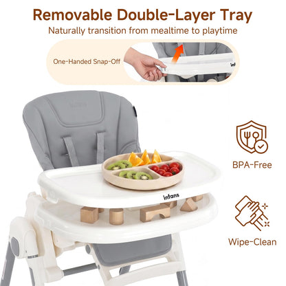 INFANS High Chair for Babies & Toddlers, Foldable Highchair with Multiple Adjustable Backrest, Footrest and Seat Height, Removable Tray, Detachable PU Leather Cushion, Built-in Rear Wheels (Grey) 🍁 All In One Marketplace Canada