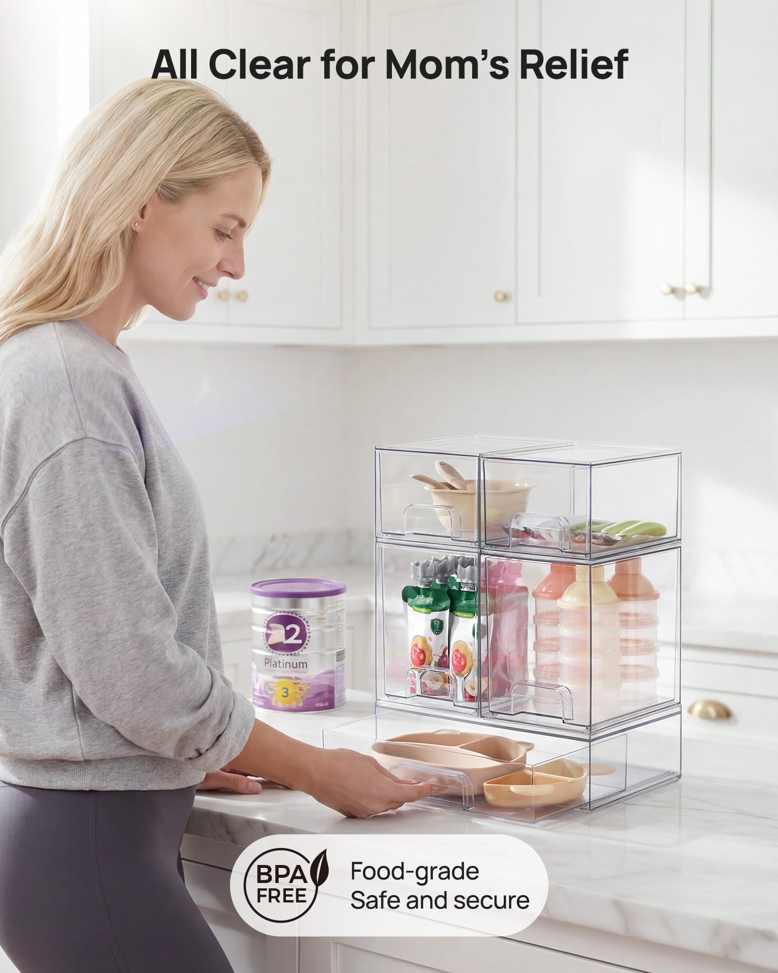 Vtopmart Stackable Storage Drawers Set of 5, 12" Wide and 4.4''&7.6'' High Clear Plastic Organizer Bins for Beauty Supplies,Ideal for Vanity, Bathroom,Cabinet,Pantry Organization
