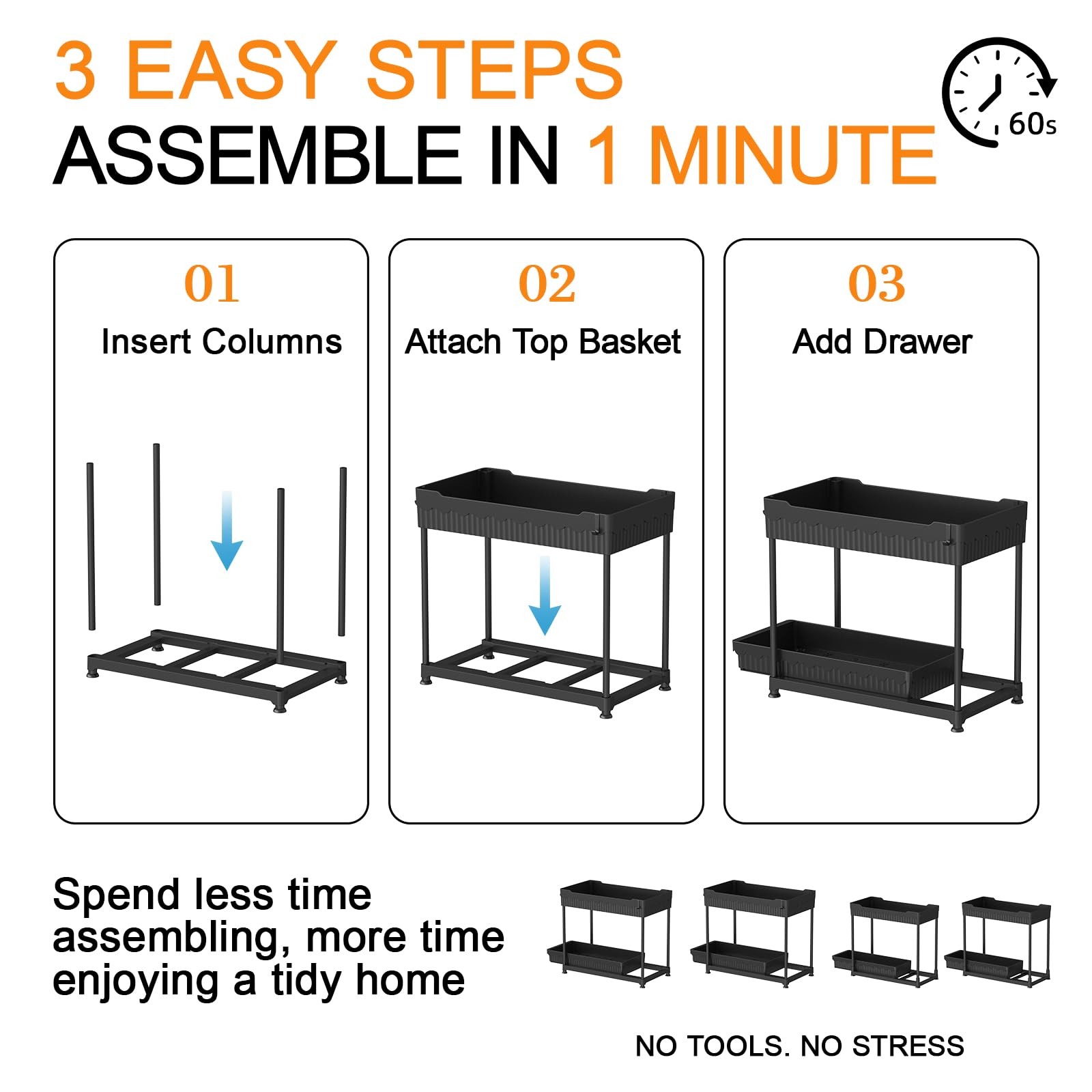 Sevenblue 4 Pack Under Sink Organizer and Storage,Bathroom Organizers, Multi-Use Under Sink Organizer for Bathroom and Kitchen with Sliding Drawer, Hang Hooks and Cup (Black, L)