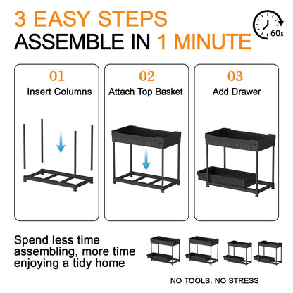 Sevenblue 4 Pack Under Sink Organizer and Storage,Bathroom Organizers, Multi-Use Under Sink Organizer for Bathroom and Kitchen with Sliding Drawer, Hang Hooks and Cup (Black, L)