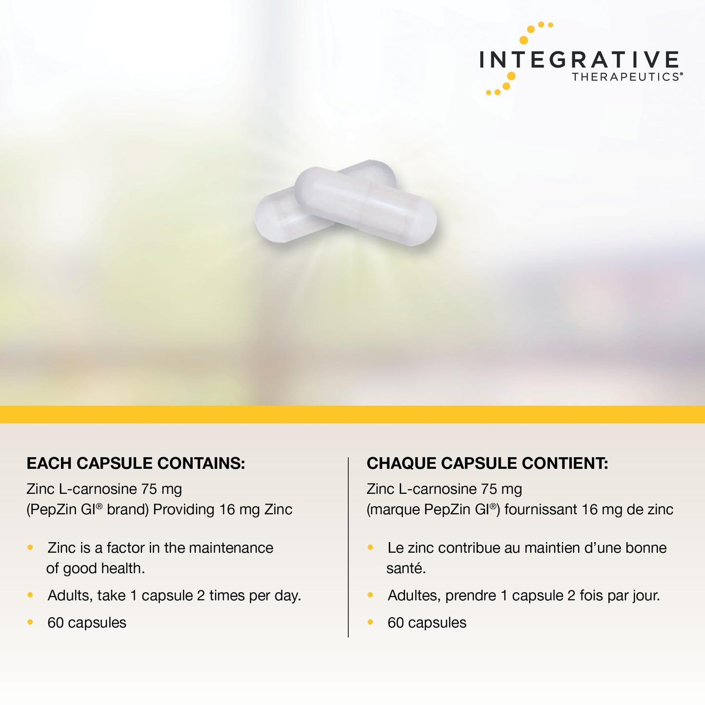 Integrative Therapeutics Zinc Carnosine – Premium Zinc Supplement – 75mg of Zinc Carnosine – Factor in the Maintenance of Good Health - PepZin GI – 60 Capsules - Available at All In One Marketplace Canada