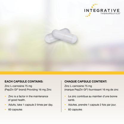 Integrative Therapeutics Zinc Carnosine – Premium Zinc Supplement – 75mg of Zinc Carnosine – Factor in the Maintenance of Good Health - PepZin GI – 60 Capsules - Available at All In One Marketplace Canada