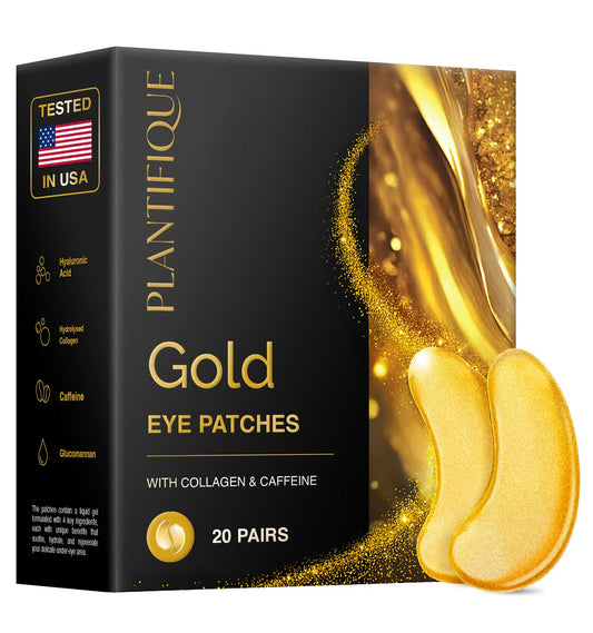 PLANTIFIQUE 24K Gold Under Eye Patches - Dermatologist Tested - 20 Pairs Cooling Eye Masks for Dark Circles & Puffiness, with Collagen & Hyaluronic Acid - Patch Yeux - Available at All In One Marketplace Canada