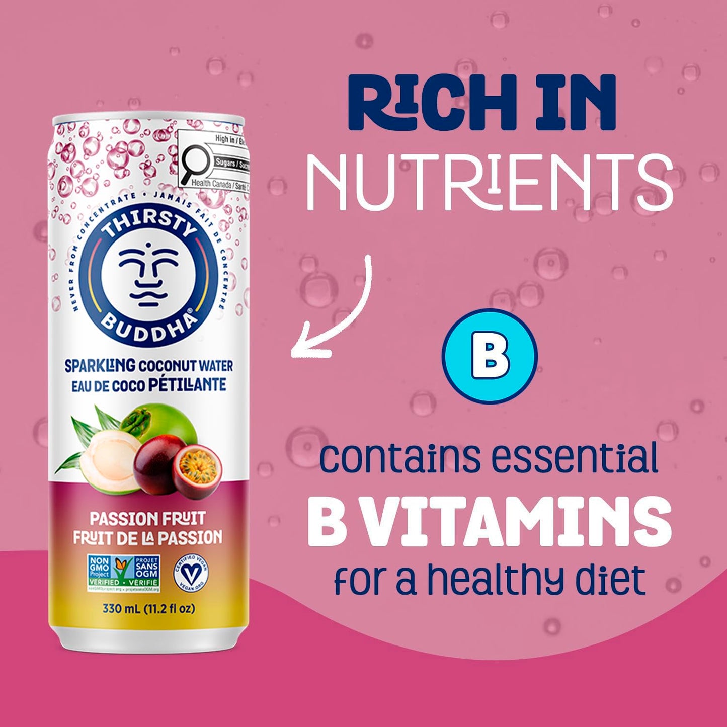 THIRSTY BUDDHA Sparkling Coconut Water with Passion Fruit, No Added Sugar, Pure Coco Drink, Natural Fruit Flavour, Electrolyte & Nutrient-Rich, 12 Pack, (12/330ml)