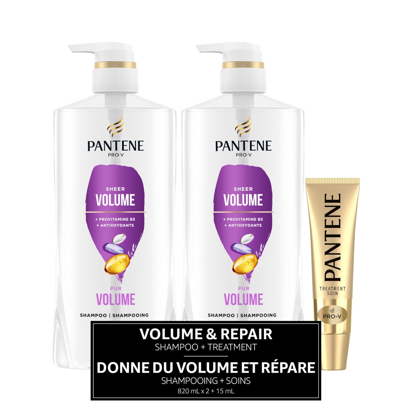 Pantene PRO-V Volume & Body Twin Pack Shampoo, 820 mL Each + Intense Rescue Shot Treatment, 15 mL for dry hair, 1.65 L in Total