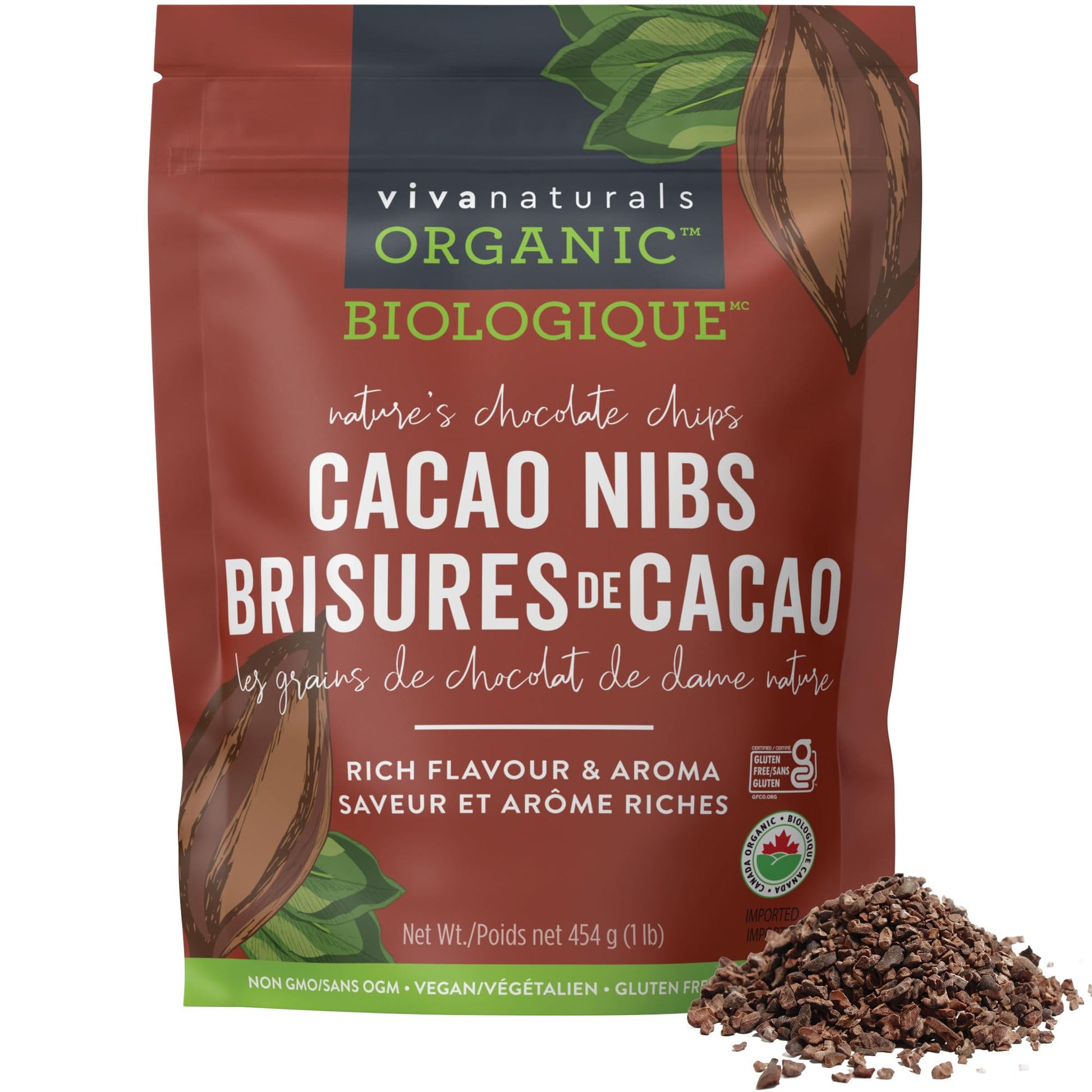 Viva Naturals Organic Cacao Nibs, 1 lb (454 g) - Certified Organic, Keto & Vegan, Gluten-Free Baking