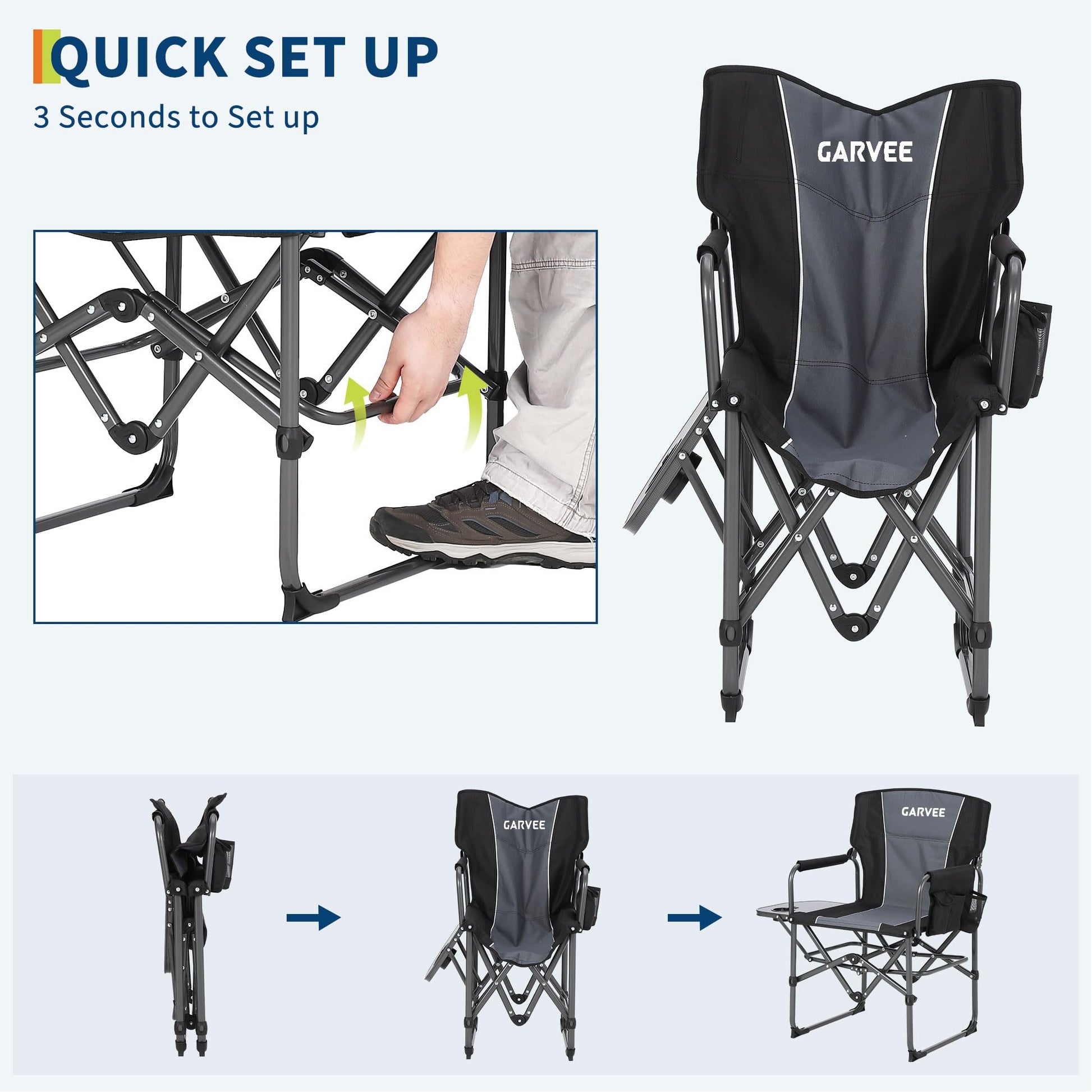 GarveeLife Oversized Camping Chair w/Side Table & Pocket,Outdoors, Black GarveeLife