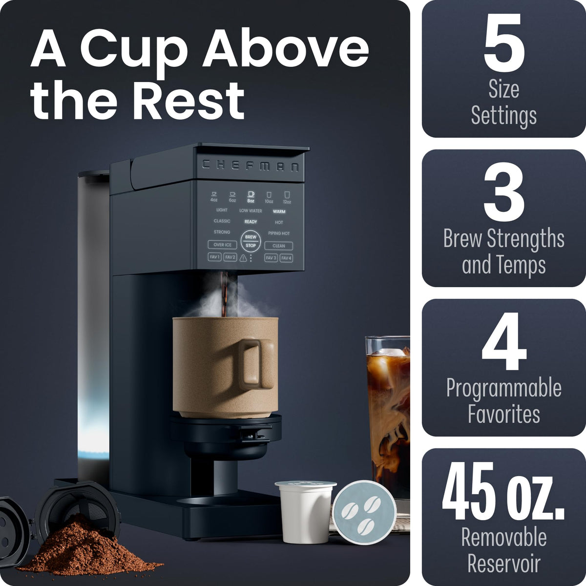 Chefman Caffeinator Single Serve Coffee Maker, Brew Kcups & Grounds, Drip Coffee Machine with Brew Strength Settings, Iced Coffee Function, 48 oz. Removable Water Reservoir - Includes 4 Filters