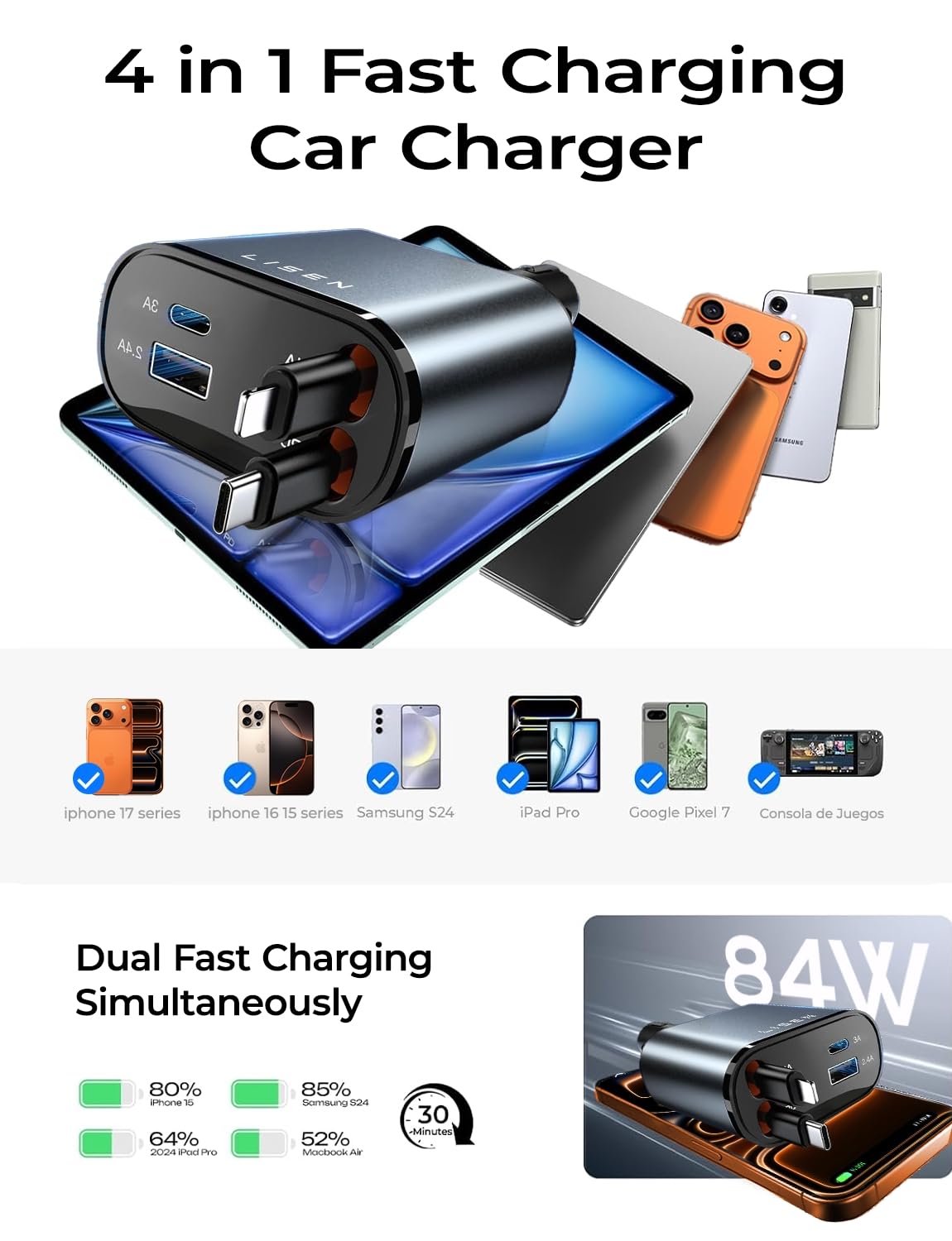 LISEN Retractable Car Charger, for Gifts for Him Her, 84W Cars Adapter USB C Fast Charger for iPhone 17 Pro Max, Car Accessories Gadgets for Men, Anniversary Birthday Gifts for Men Women - Available at All In One Marketplace Canada