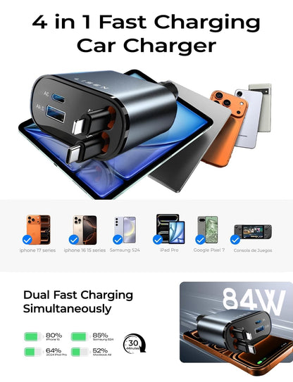 LISEN Retractable Car Charger, for Gifts for Him Her, 84W Cars Adapter USB C Fast Charger for iPhone 17 Pro Max, Car Accessories Gadgets for Men, Anniversary Birthday Gifts for Men Women - Available at All In One Marketplace Canada
