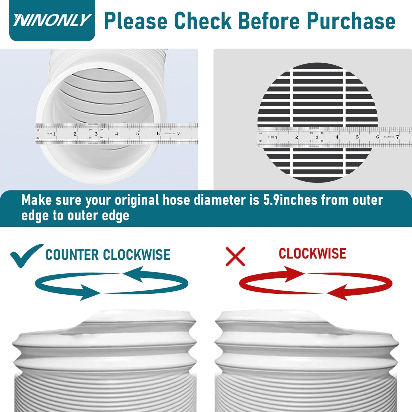 Portable Air Conditioner Hose with 5.9" Diameter & 80" Length Anti-Clockwise Thread, Universal Portable AC Exhaust Hose Air Conditioner Parts & Accessories - Available at All In One Marketplace Canada
