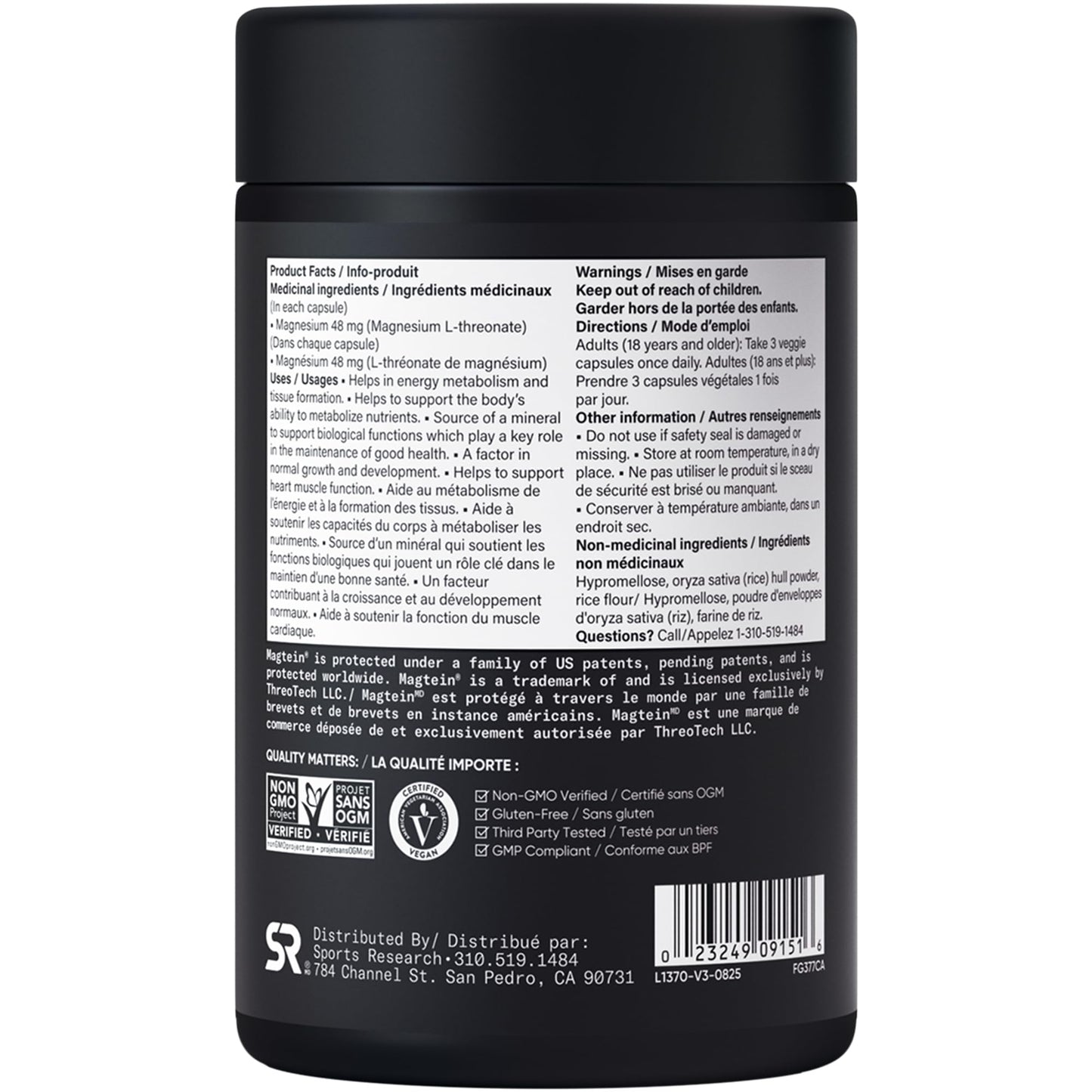 Sports Research® Magtein Magnesium L-Threonate Capsules - Magnesium Supplement for Memory, Focus & Cognition - 144mg Elemental Magnesium per Dose - Supports Sleep & Mood, 90 Capsules for Adults - Available at All In One Marketplace Canada