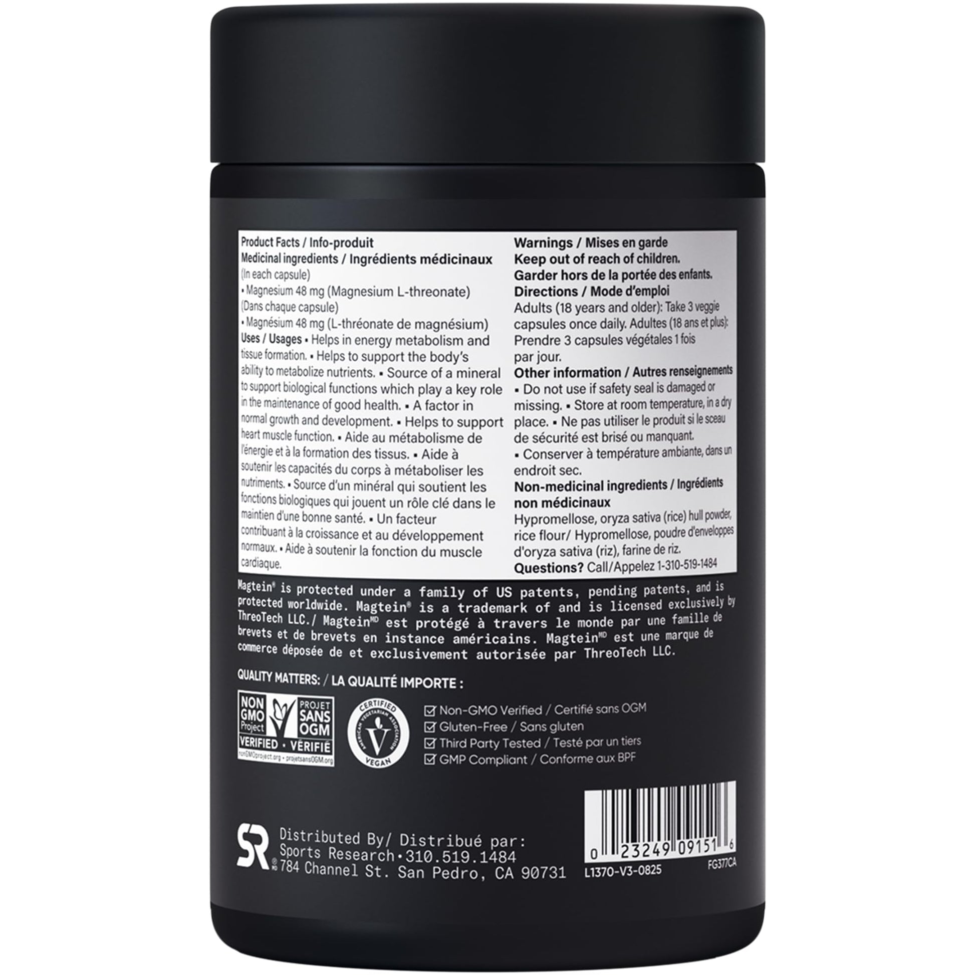 Sports Research® Magtein Magnesium L-Threonate Capsules - Magnesium Supplement for Memory, Focus & Cognition - 144mg Elemental Magnesium per Dose - Supports Sleep & Mood, 90 Capsules for Adults - Available at All In One Marketplace Canada