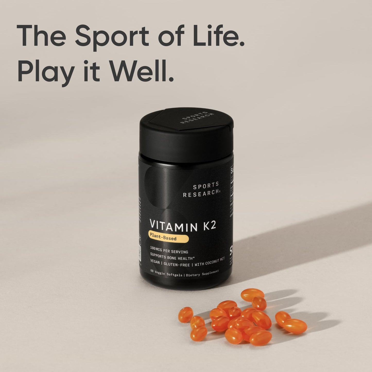 Sports Research® Vitamin K2 MK-7 100mcg with Coconut MCT Oil, 60 Vegan Softgels (2 Month Supply), Vegan Certified, Non-GMO Verified, Gluten & Soy Free Supplement