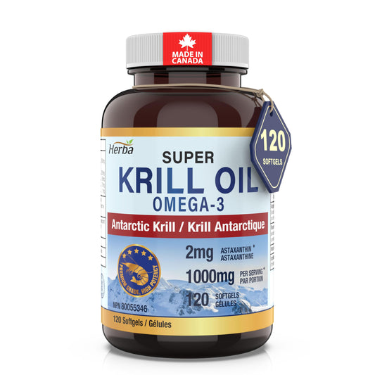 Herba Krill Oil Omega 3 Supplements - 120 Softgels | 1000mg of Antarctic Krill Oil Per Day (2 softgels 500mg each) | Source of Omega 3 Fatty Acids | High Astaxanthin | Premium Grade - 500mg per Soft Gel | Made in Canada - Available at All In One Marketplace Canada