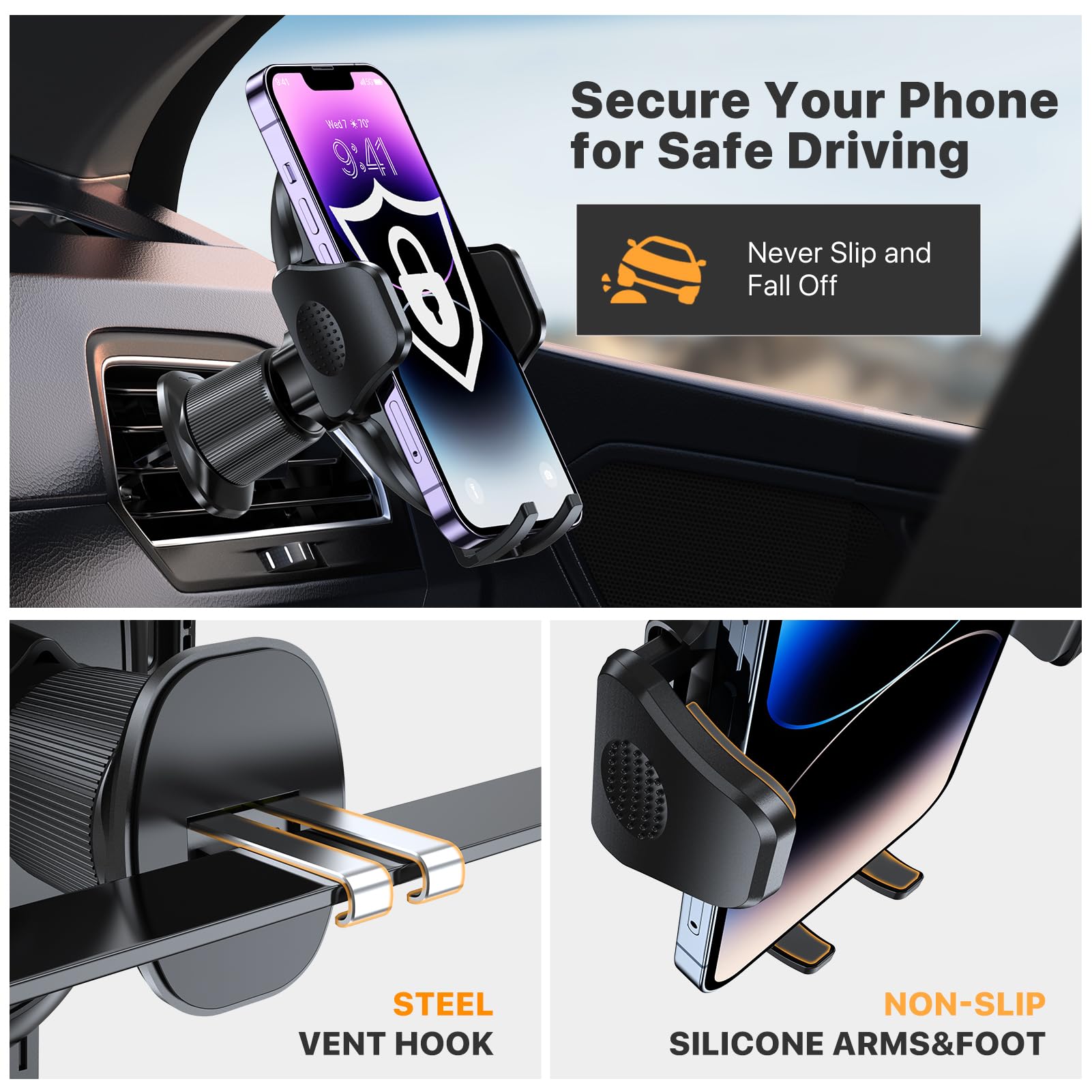 Miracase Phone Holder Car Mount:Universal Air Vent Cellphone Stand Brakect with Metal Hook Clip,360 Rotating Carmount Accessories for iPhone 17/16/15/14/13/12 Pro Max,Galaxy,Camera,Black - Available at All In One Marketplace Canada