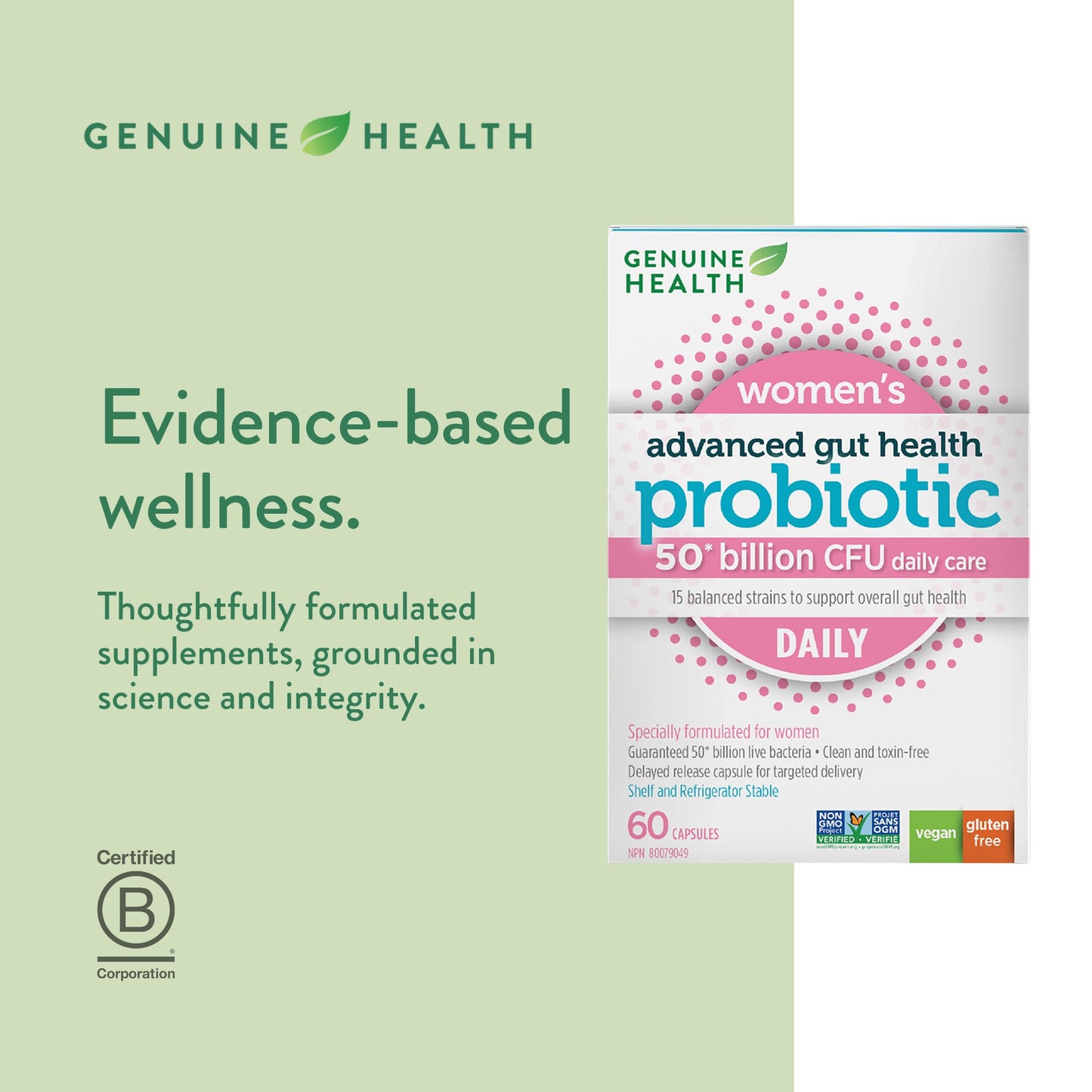Genuine Health Advanced Gut Health Probiotic Women's Daily 50 Billion CFU - Healthy Digestion & Gut Flora Support - Women’s Probiotic - Vegan, Gluten-Free & Non-GMO - 60 Capsules (60 Servings) - Available at All In One Marketplace Canada