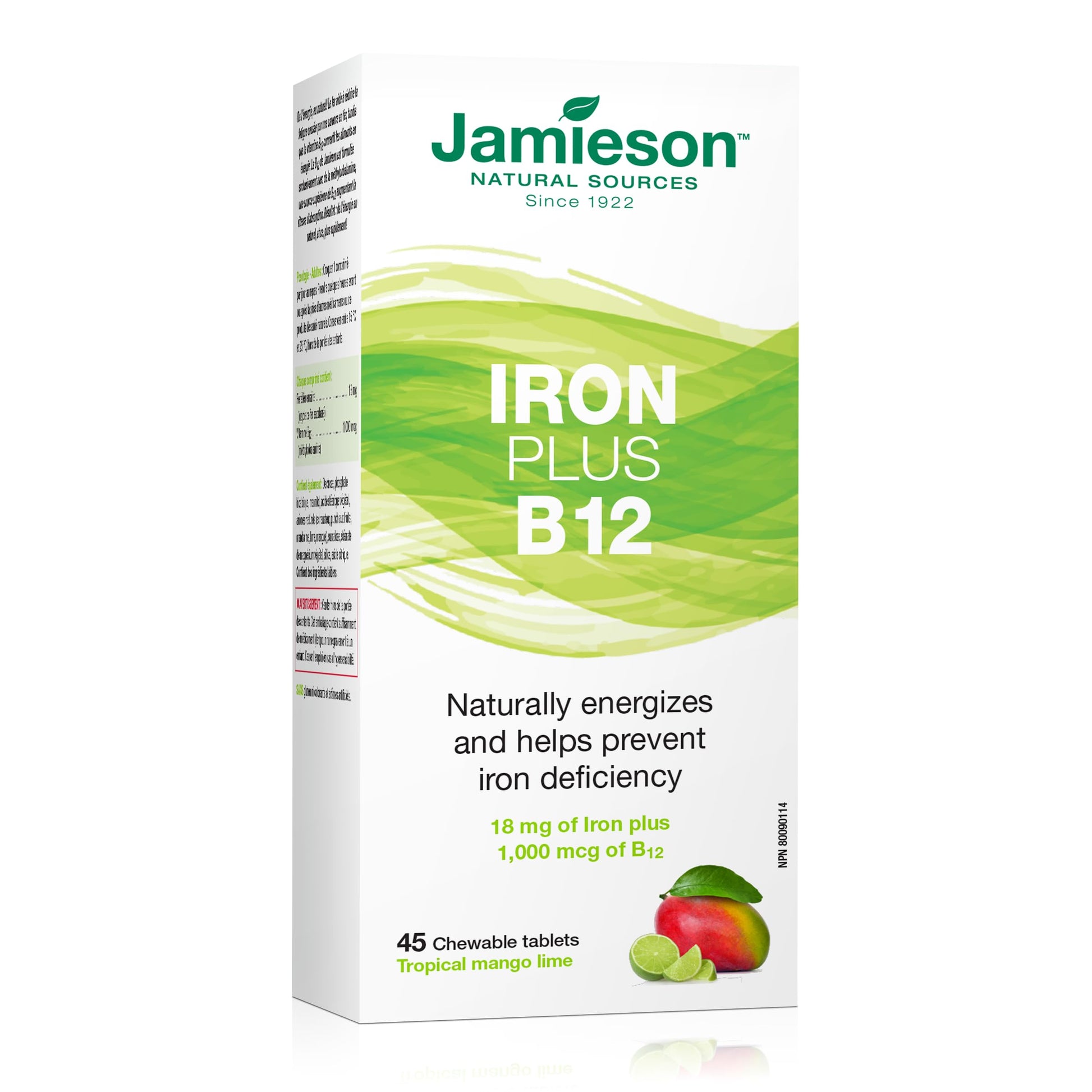 Jamieson Chewable Iron 18 mg Plus Vitamin B12 1,000 mcg Tropical Mango Lime Flavour, Helps Prevent Iron Deficiency, and Supports Natural Energy. Vegetarian, Gluten-Free, No Artificial Colours, Flavours, or Preservatives, 45 Chewable Tablets - Available at All In One Marketplace Canada