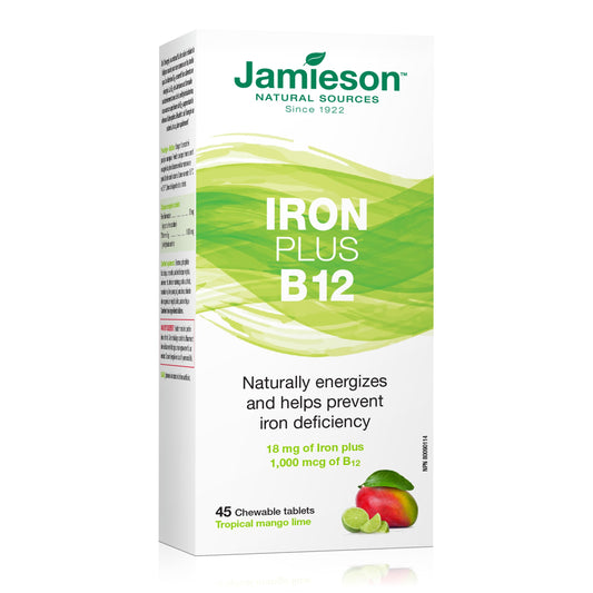 Jamieson Chewable Iron 18 mg Plus Vitamin B12 1,000 mcg Tropical Mango Lime Flavour, Helps Prevent Iron Deficiency, and Supports Natural Energy. Vegetarian, Gluten-Free, No Artificial Colours, Flavours, or Preservatives, 45 Chewable Tablets - Available at All In One Marketplace Canada