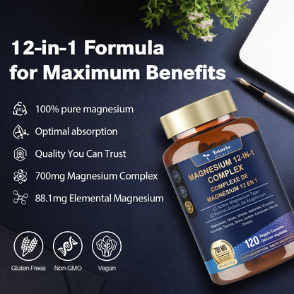 Totaria Magnesium Complex 700mg 12 in 1 Magnesium Supplement with Glycinate Citrate Malate Oxide Taurate Aspartate Orotate Magnesium Relaxation,Muscle,Heart Support, Vegan 120 Capsules - Available at All In One Marketplace Canada