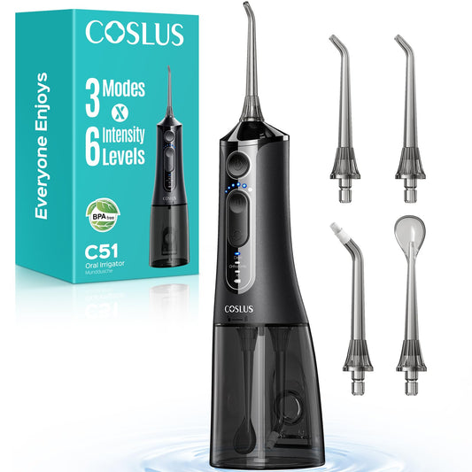 COSLUS C51 Portable Water Teeth Flosser: 3 Modes & 6 Pressure Settings for Whole Family Various Cleaning Need, Jet Mode for Beginner-Friendly, Compact for Travel, 300ml Tank, IPX7 Waterproof, Black - Available at All In One Marketplace Canada