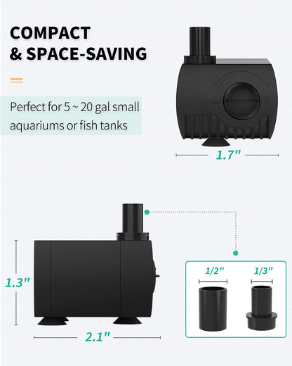 Pawfly Aquarium 80 GPH Submersible Water Pump 4 W Compact Quiet Pump with 2.6 ft. High Lift for Indoor Buckets Fish Tanks and Fountains up to 50 Gallons