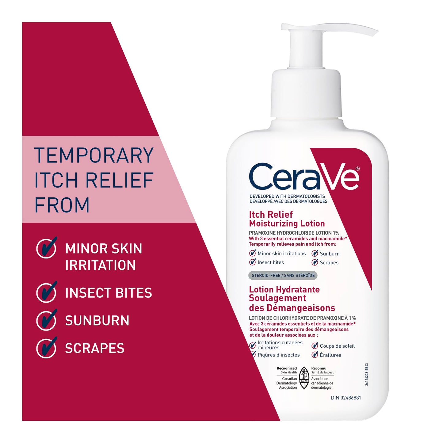 CeraVe Itchy Skin Relief Moisturizing Lotion. For Dry & Eczema-prone skin. Anti-itch cream for minor skin irritations, sunburn relief, insect bug bites & scrapes, 1% Pramoxine. Fragrance Free, 237ML - Available at All In One Marketplace Canada