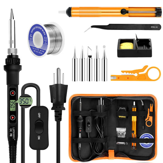 Soldering Iron Kit 80W LCD Adjustable Temperature 180-520℃ Solder Kit Electronics 12 in 1 Welding Tools with ON/Off Switch, Solder Wire, 5 Soldering Tips, Desoldering Pump, Stand, Tweezers