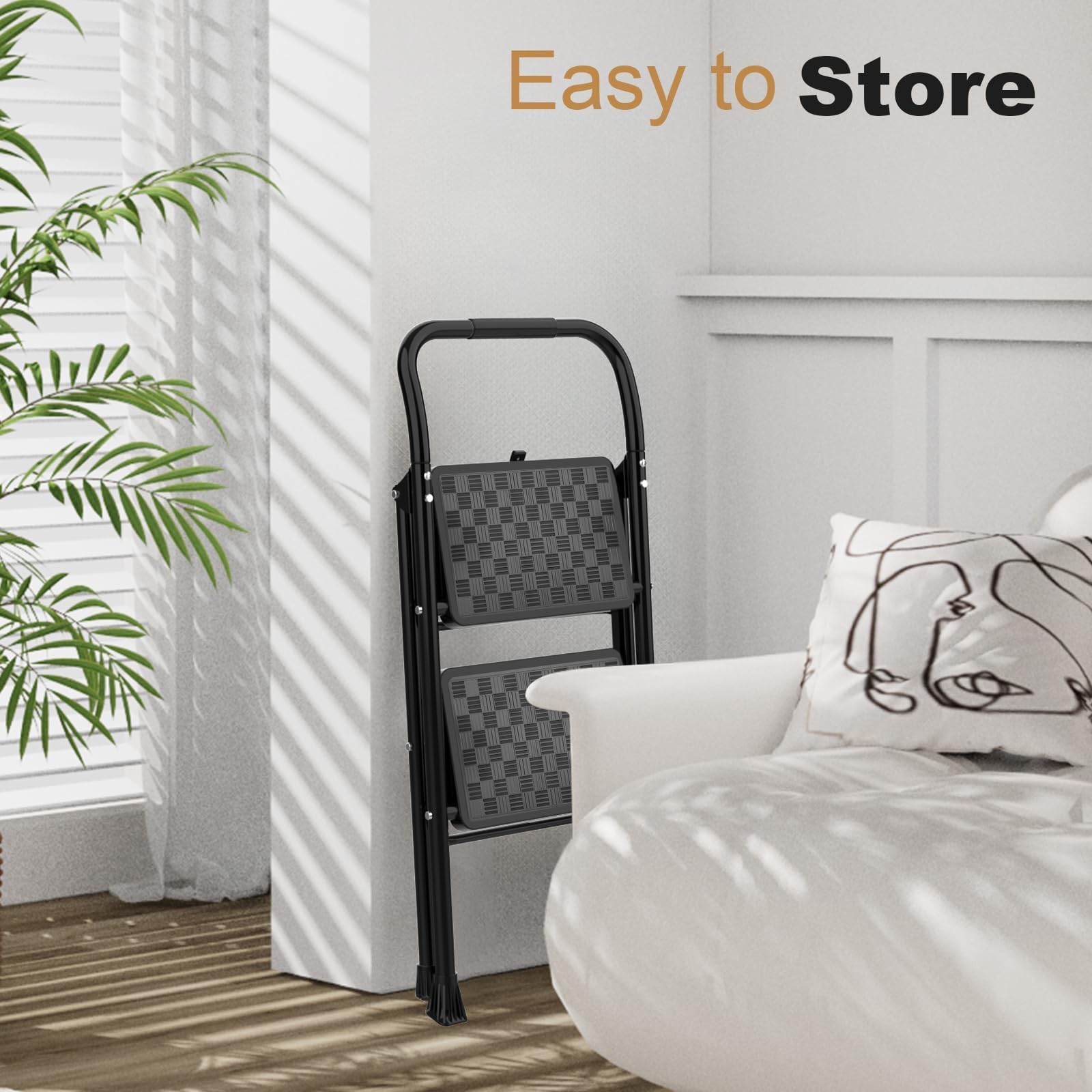 HBTower Step Ladder, 2 Step Stool for Adults, 2 Step Ladder Folding Step Stool with Cushioned Handle, 330 lbs/150 kg Capacity, 2 Step Ladder with Wide Anti-Slip Pedal Ergonomic Design HBTower