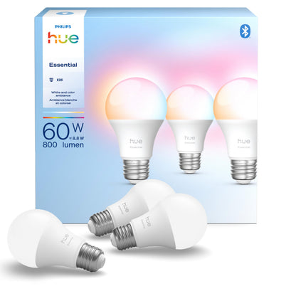 Philips Hue Essential Smart LED A19 Bulb, White and Color Ambiance, E26 Base, 8.8W, 2200K-6500K, 800 Lumens, Dimmable, Works with Alexa, Google Assistant, and Apple Home, 3 Pack Philips Hue