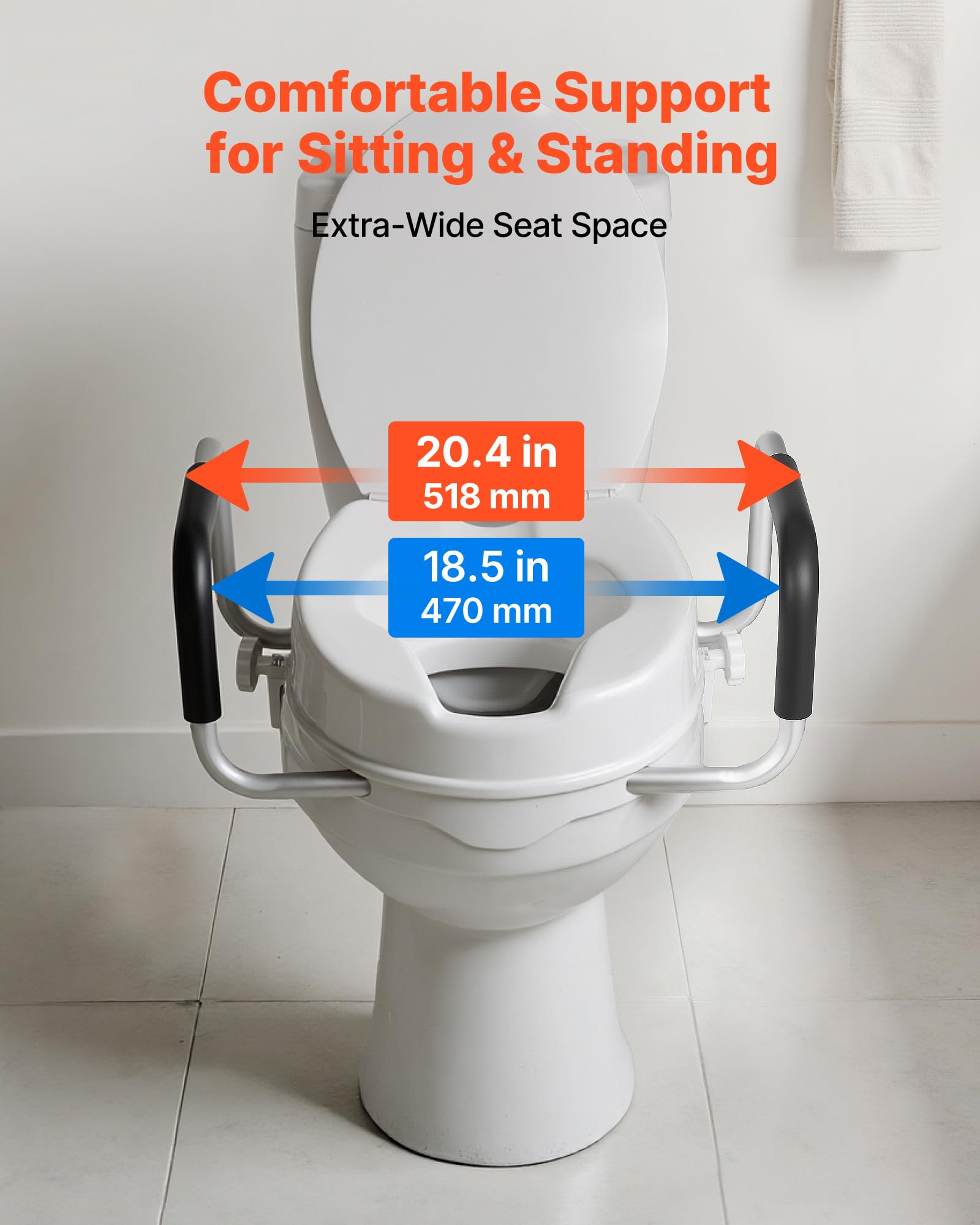 VEVOR Raised Toilet Seat with Arms, 300 lbs Load Capacity, 4-Inch Lift Height, Widened Commode Elevated Toilet Seat Riser with Padded Handles for Seniors, Elderly, Handicap, Disabled, and Adults Use VEVOR