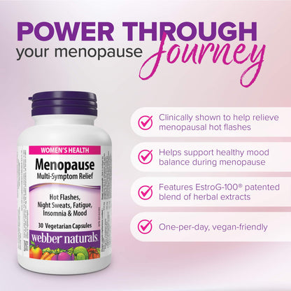 Webber Naturals Menopause Relief with EstroG-100, Multi-Symptom Support for Hot Flashes, Night Sweats, Mood & Sleep, Hormone-Free, Vegan Webber Naturals