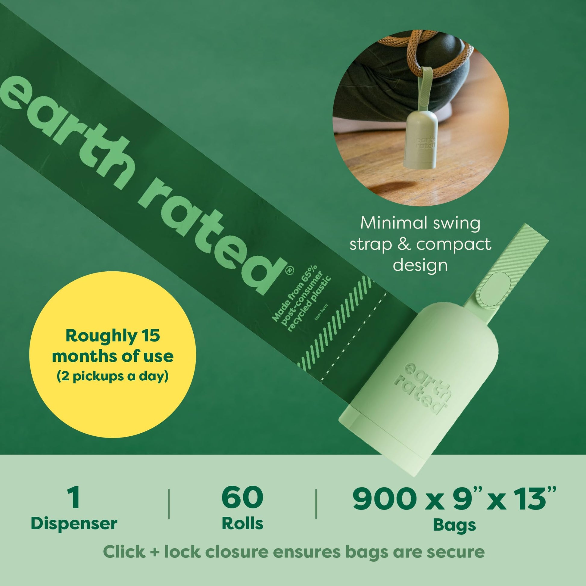 Earth Rated Dog Poop Bag Holder with Dog Poop Bags Rolls, New Look, Durable and Guaranteed Leakproof, Unscented, 1 Dispenser and 900 Bags