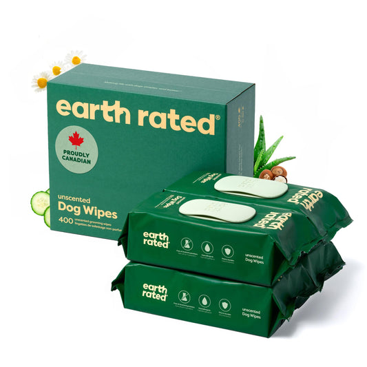 Earth Rated (A Canadian Company) Pet Wipes for Dogs and Cats, Hypoallergenic, Cleaning and Hydrating, for Grooming Paws, Body and Butt, Unscented, 400 Count